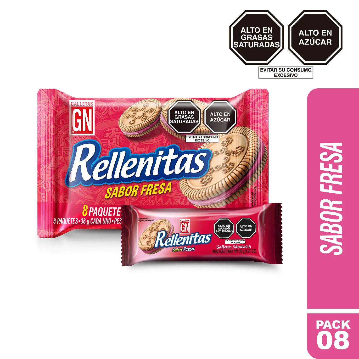 Galletas GN Rellenitas Sabor Fresa Empaque 8 Und